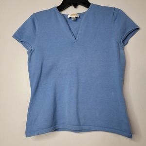 S Talbots Slit Neck Blue Sweater Top Tee Shirt Blouse Cap Sleeve Y